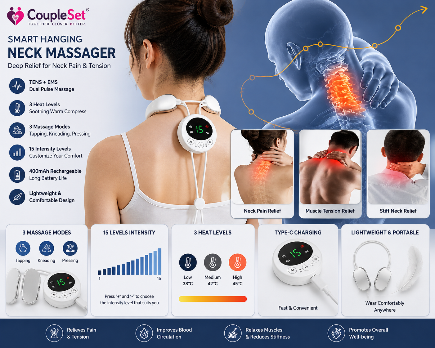 Smart Hanging Neck Massager with Heat, TENS & EMS | 15 Intensity Levels