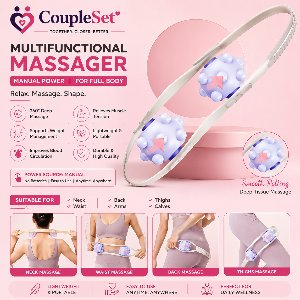 Multifunctional Manual Body Massager Roller – Full Body Muscle Relaxation