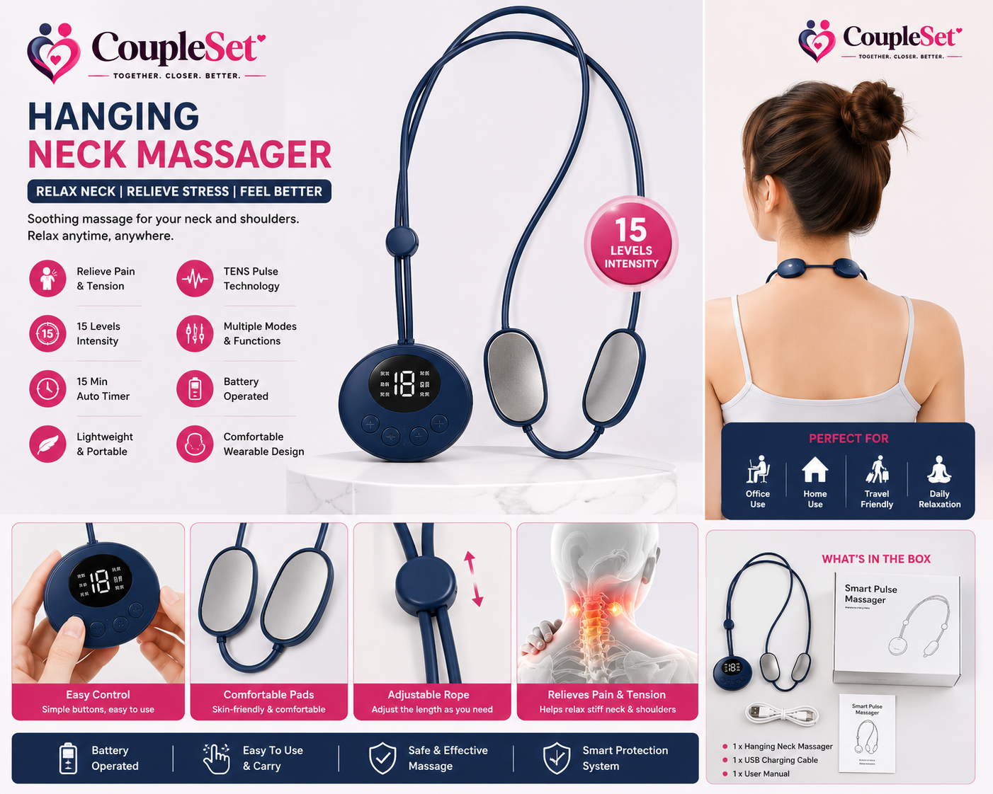 Smart Hanging Neck Massager with Heat, TENS & EMS | 15 Intensity Levels