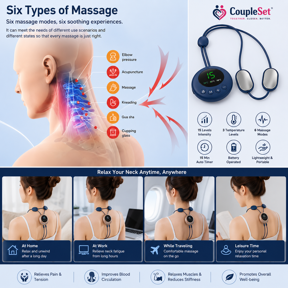 Smart Hanging Neck Massager with Heat, TENS & EMS | 15 Intensity Levels