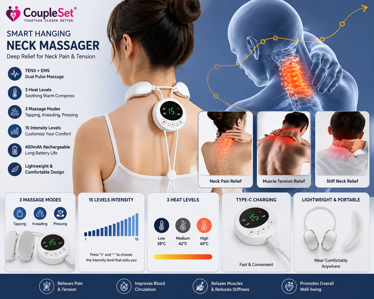 Smart Hanging Neck Massager with Heat, TENS & EMS | 15 Intensity Levels